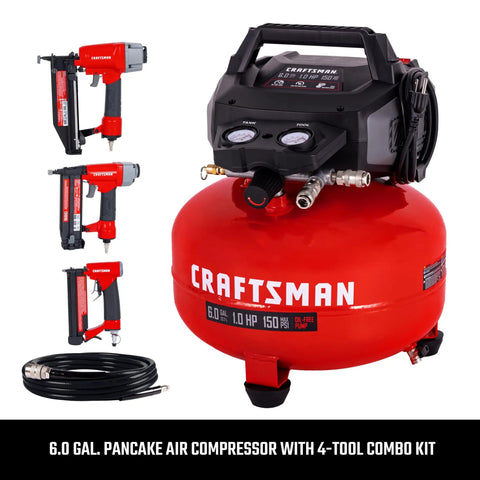 Craftsman 6 Gallon Pancake Air Compressor And 3 Piece Nail Gun Combo Kit With Oil Free Pump 25 Foot Hose Finish Brad Pin Nailer For Home Shop Projects Portable Lightweight Design