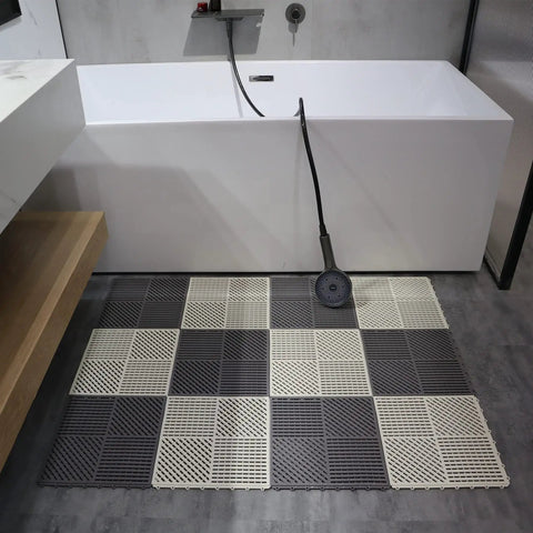 Interlocking Drainage Floor Tiles No Slip With Drain Holes For Pool Bathroom Shower Patio Boat And Pet Areas 12 Inch By 12 Inch By 0.4 Inch Thick Gray Durable Rubber Indoors Outdoors Easy Install in a bathroom setting