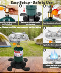 Propane Camping Stove Portable Backpacking Stove With Adjustable Burner For Stable Outdoor Cooking While Hiking Tailgatin And Grillin Single Burner Propane Stove Fuel Not Included Easy Setup, showing setup instructions against camping backdrop.