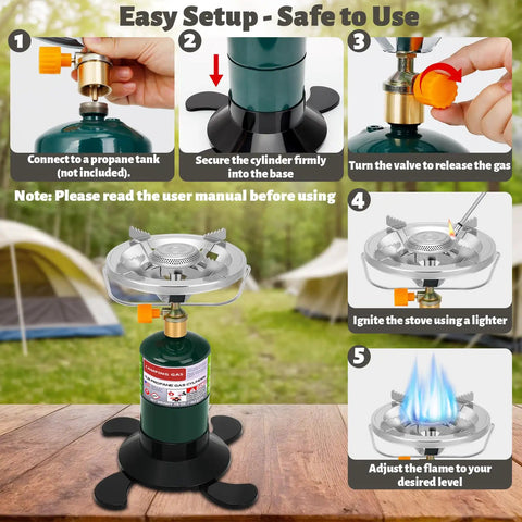 Propane Camping Stove Portable Backpacking Stove With Adjustable Burner For Stable Outdoor Cooking While Hiking Tailgatin And Grillin Single Burner Propane Stove Fuel Not Included Easy Setup, showing setup instructions against camping backdrop.