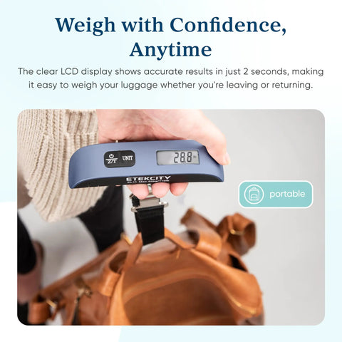 Digital Luggage Scale for Travel Essentials, Hanging Baggage Scale With Temperature Sensor, 110 Pound Capacity, Blue Display