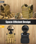 Heavy Duty Wall Mount Tactical Gear Stand holds gear, body armor, plate carriers, helmets, space-efficient design, before and after view
