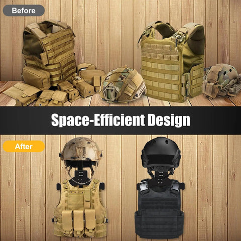 Heavy Duty Wall Mount Tactical Gear Stand holds gear, body armor, plate carriers, helmets, space-efficient design, before and after view