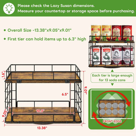 Dimensions of 360 Degree Rotating Lazy Susan Can Organizer For Pantry Storage, Holds Twenty Six Cans, Black Smooth Spin Kitchen Rack.