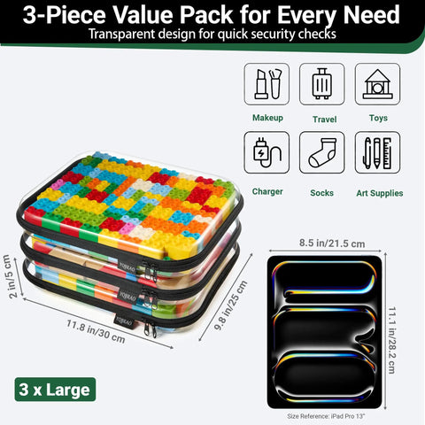 Three Pack Large Clear Hard Shell Zipper Cases With 1.2mm Rigid Construction, shown stacked with colorful contents inside.