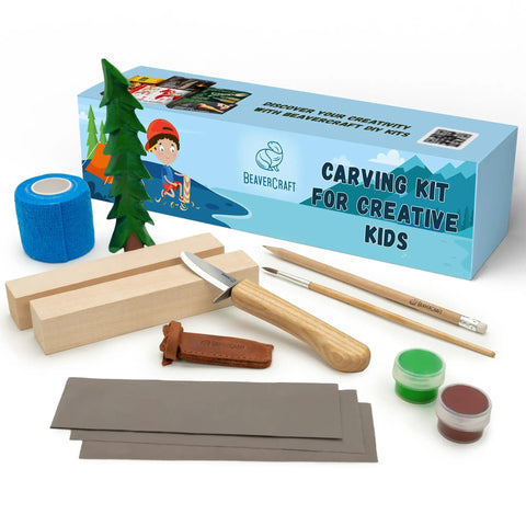 Wood Carving Kit For Kids And Beginners with basswood, tools, spruce tree project, perfect DIY gift for teens 14+.