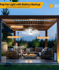 Outdoor gazebo with ceiling fan light, highlighting battery backup and usage duration, cozy evening setting with seated person.