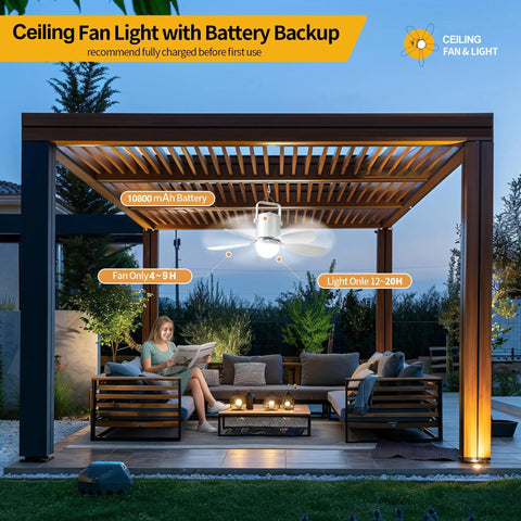 Outdoor gazebo with ceiling fan light, highlighting battery backup and usage duration, cozy evening setting with seated person.
