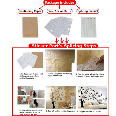 Package contents and application steps for 3D Tree Wall Decals For Living Room And Bedroom Dope DIY Photo Frame Tree Murals.