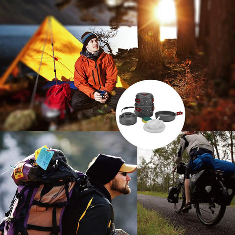 Ultra Light Camping Cookware Mess Kit With Lightweight Aluminum Pots for outdoor adventures with tent and cyclists