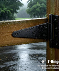 6 Inch T Strap Gate Hinges 2 Pack Black Powder Coated Steel Tee Hinge Hardware Rust Resistant Heavy Duty Outdoor Fence And Barn Door Hardware Built Like A Tank With Super Silky 270 Degree Swivel And Included Fasteners on a wet wooden gate.