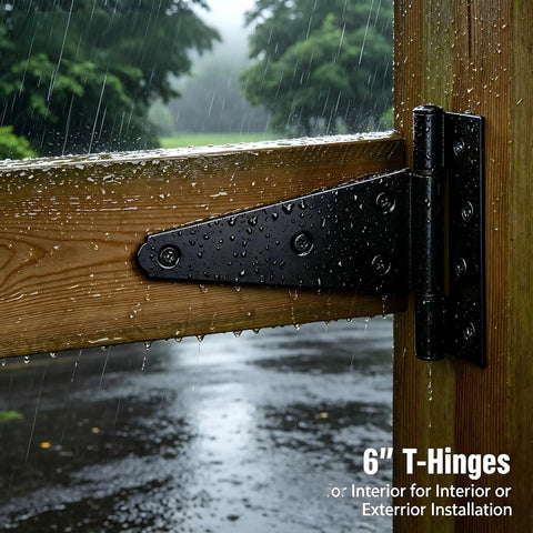 6 Inch T Strap Gate Hinges 2 Pack Black Powder Coated Steel Tee Hinge Hardware Rust Resistant Heavy Duty Outdoor Fence And Barn Door Hardware Built Like A Tank With Super Silky 270 Degree Swivel And Included Fasteners on a wet wooden gate.
