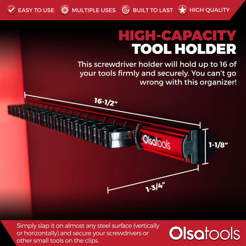 Magnetic Screwdriver Organizer With Ultra Strong Neodymium Magnets And Foam Backing Doubles As Toolbox Space Saver Holds Up To 16 Screwdrivers Red Tool Holder For Steel Surfaces Heavy Duty Rack, shown on a wall