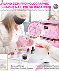 Holographic Pink Nail Polish Organizer Bag For 30 Bottles And UV Lamp shown with nail supplies and compartments