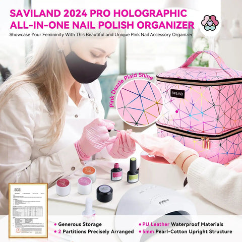 Holographic Pink Nail Polish Organizer Bag For 30 Bottles And UV Lamp shown with nail supplies and compartments
