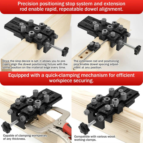 Precision Doweling Jig Kit With Adjustable Drill Guide And One Quarter Three Eighth One Half Inch Bushings Pro Grade Quick Clamp System displayed on wood, highlighting clamping and alignment features.