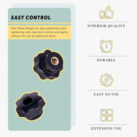 Slick Black M6 Star Knobs With Female Thread And Solid Clamping Grip 15 Piece Essential Set Of Screw On Plastic Handles for easy adjustments.