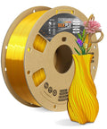 Silk PLA Filament 1.75mm Clog-Free with Shiny Silk Finish for 3D Printing, 1kg Spool, Dimensional Accuracy Plus Or Minus 0.02mm, Fits Most FDM Printers, Silk Gold; spool with yellow vase