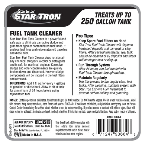 Label of Fuel Tank Cleaner Enzyme Formula That Cleans Sludge Varnish And Deposits, 250 gallon treatment capacity