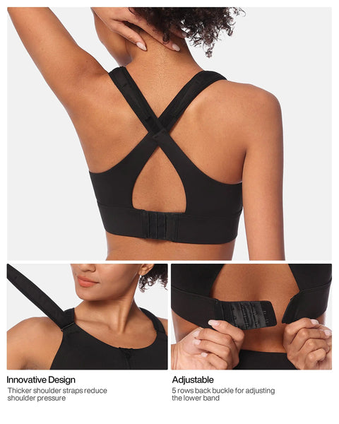 Back view of black Zip Front Adjustable High Impact Sports Bra For Women With Large Breasts Full Coverage For Workout And Running Removable Pads X Large
