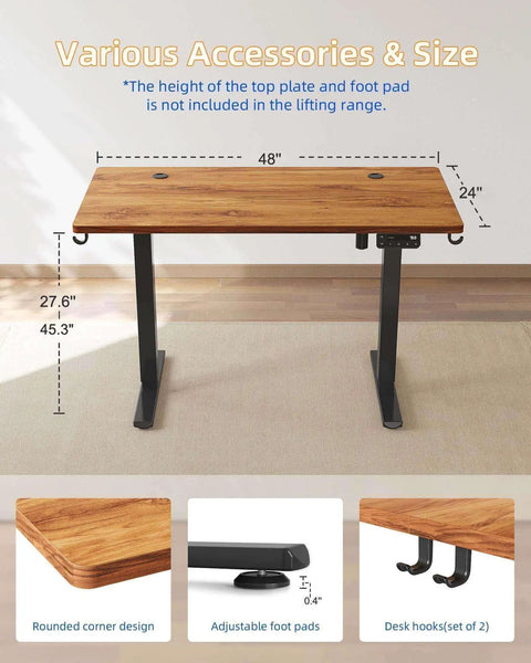 Electric Standing Desk 48 By 24 Inches With Adjustable Height, Large Splice Board, Black Frame And Rustic Brown Top