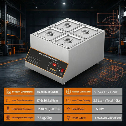 Front view of Heavy Duty Electric Chocolate Melter And Tempering Machine With 12kg Capacity, stainless steel, digital control panel