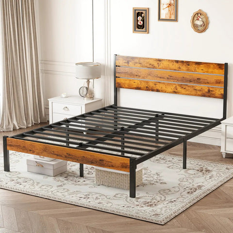 Heavy Duty Full Size Bed Frame With Headboard And Footboard, Rock Solid Steel Wood Hybrid Build, stylish retro design.
