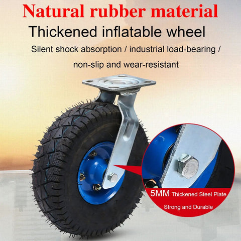 Heavy Duty Swivel Plate Casters With Thick Rubber Tires And Reliable Side Lock Brakes 4 Pack Hella Rugged Industrial Cart Wheels Crafted For Dead Simple Installation And Flat Out Smooth Gliding Action featuring thickened inflatable rubber wheel with steel plate.
