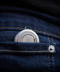 Ultra Tiny Titanium Ti Tape Retractable Mini Tape Measure With 3 Feet Range, Imperial And Metric, in jeans pocket, stonewashed