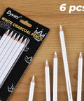 White Charcoal Pencils Set, 6 Pcs For Bold Highlights on Dark Paper, showing pencils and packaging on wooden surface.