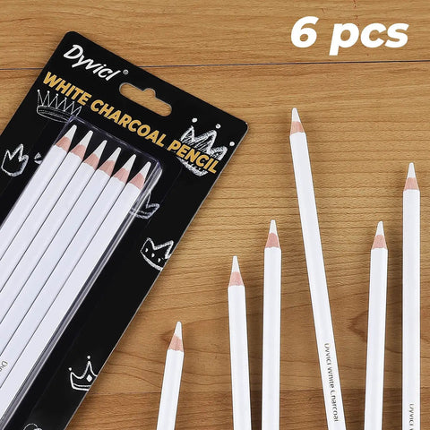 White Charcoal Pencils Set, 6 Pcs For Bold Highlights on Dark Paper, showing pencils and packaging on wooden surface.