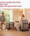 Two people sitting with Softside Expandable Checked Luggage for Long Trips with 360 Spinner Wheels and Retractable Handle, 29-inch suitcase.