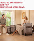Couple sitting with Softside Expandable Spinner Luggage For Travel Durable Lightweight Carry On Suitcase 21 Inch Black