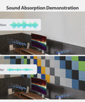 Demonstrating sound absorption effectiveness of 12 Pack Square Acoustic Foam Panels Self Adhesive Sound Dampening Wall Tiles.
