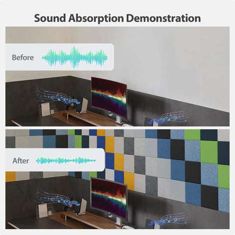 Demonstrating sound absorption effectiveness of 12 Pack Square Acoustic Foam Panels Self Adhesive Sound Dampening Wall Tiles.