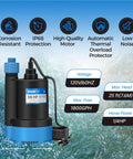 1/4 HP Submersible Water Pump, 1800 GPH Portable Sump Pump For Pools, Basements, And Ponds, Thermoplastic Electric Transfer Utility Pump For Quick Drainage And Easy Cleanup shown with features