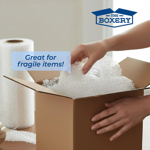 Person packing box with 24 Inch By 65 Foot Bubble Roll With Half Inch Large Bubbles, Perforated Cushioning Wrap For Fragile Items