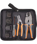 Pro Grade Ratchet Wire Crimping Tool Set With 5 Interchangeable Jaws, wire stripper, and screwdriver in a carrying case