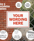 Image showing custom metal sign 10x14 inches for outdoor use with options for wall and fence installation. Sign on brick and chain link background.