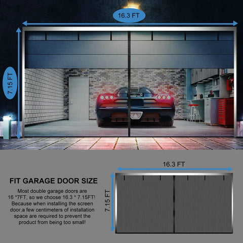 Hands Free Magnetic Garage Screen Door 16x7 Feet For Two Car Garages Fiberglass Mesh With Reflective Edge Over Garage