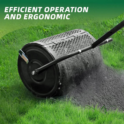 Heavy Duty Compost Spreader For Lawn And Yard Care, Fertilizer And Peat Moss Spreader Roller With Adjustable Handle in use on lawn.