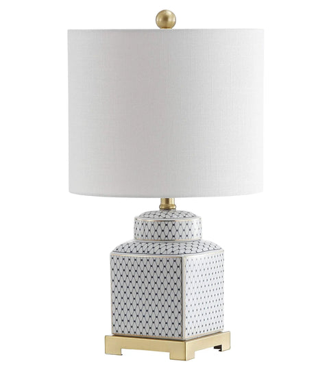 21.5 Inch White And Navy Ceramic Ginger Jar LED Table Lamp With Fishnet Chinoiserie Pattern, White Linen Shade, Brass Gold Base