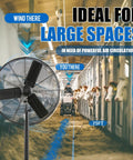 Beefy 30 Inch Pedestal Floor Fan With Industrial Grade Performance, Delivers 7261 CFM Airflow for large barns, black metal fan.