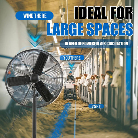 Beefy 30 Inch Pedestal Floor Fan With Industrial Grade Performance, Delivers 7261 CFM Airflow for large barns, black metal fan.