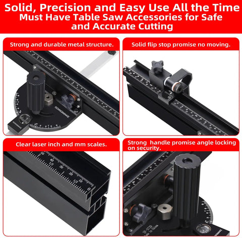 Professional Portable Miter Gauge For Table Saw With 18 Inch Fence and Quick Release Flip Stop, showing durable metal structure and clear scales.