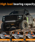 Off-road vehicle with high load bearing wheels displaying axial, radial, and vertical load capacities on rugged terrain.