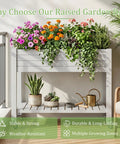 Raised Garden Bed On Wheels With Storage Shelf And Water Level Monitor, Elevated Planter for Vegetables and Fruits, grayish white on patio.