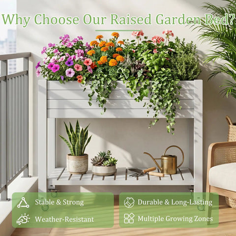 Raised Garden Bed On Wheels With Storage Shelf And Water Level Monitor, Elevated Planter for Vegetables and Fruits, grayish white on patio.