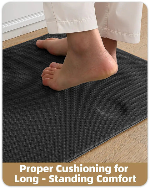 Person standing on Anti Fatigue Kitchen Mat Set Of 2 Cushioned Foam Rubber Runner Mats 24 By 59 Inch And 24 By 94 Inch
