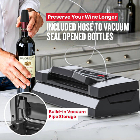 Pro Grade Vacuum Sealer Machine With Cutter And Jar Attachment For Home Kitchen, includes hose for wine bottle sealing.